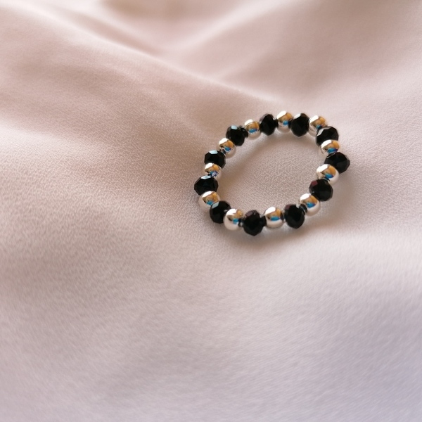 SILVER PLATED BEADED RINGS WITH BLACK GLASS BEADS - επάργυρα, minimal, βεράκια, σταθερά, φθηνά - 2