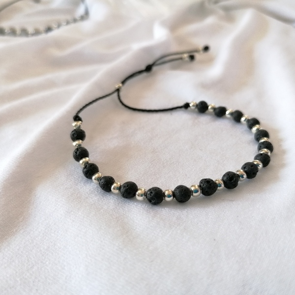 Adjustable bracelet with silver plated beads and lava stones - λάβα, επάργυρα, χάντρες, αυξομειούμενα, φθηνά