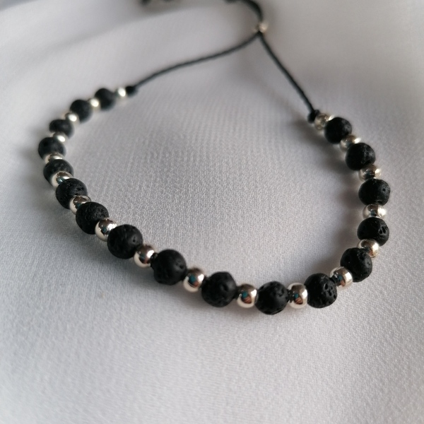 Adjustable bracelet with silver plated beads and lava stones - λάβα, επάργυρα, χάντρες, αυξομειούμενα, φθηνά - 2