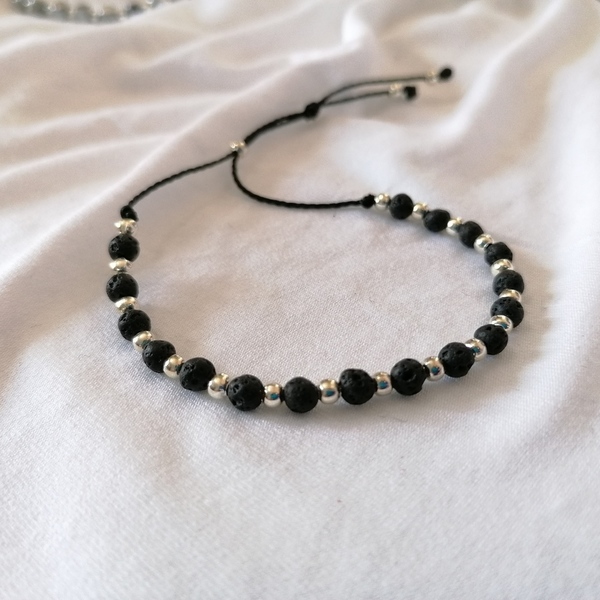 Adjustable bracelet with silver plated beads and lava stones - λάβα, επάργυρα, χάντρες, αυξομειούμενα, φθηνά - 3