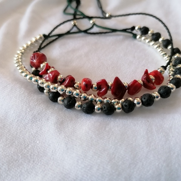 Adjustable bracelet with silver plated beads and lava stones - λάβα, επάργυρα, χάντρες, αυξομειούμενα, φθηνά - 5