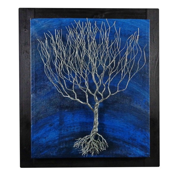 Συρμάτινο Γλυπτό Δέντρο σε Καμβά σε Μπλε Χρώμα 34x39 cm - πίνακες & κάδρα