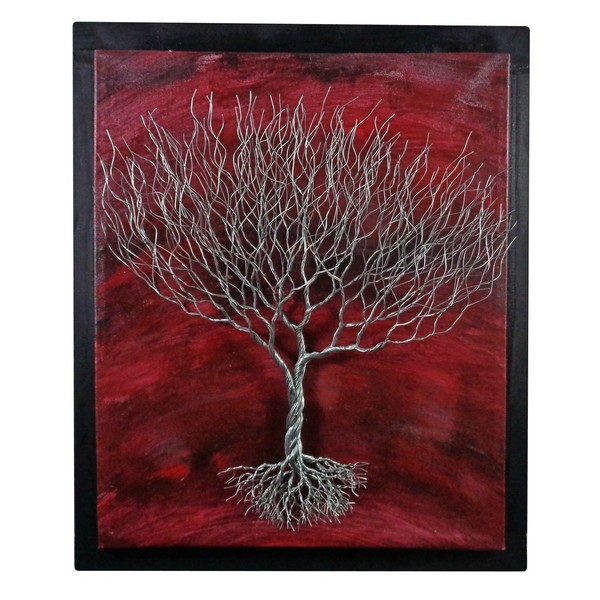 Μεγάλο Συρμάτινο Γλυπτό Δέντρο σε καμβά σε Κόκκινο Χρώμα 42x50 cm - πίνακες & κάδρα, μέταλλο