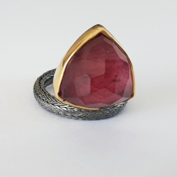 Ruby Triangle Ring - Ασημένιο Τρίγωνο Δαχτυλίδι με Ρουμπίνι - επιχρυσωμένα, ασήμι 925, γεωμετρικά σχέδια, μεγάλα, επιπλατινωμένα - 5