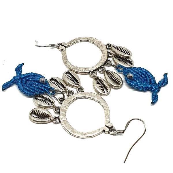Σκουλαρίκια μακραμέ με μπλε ψαράκια - κοχύλι, μακραμέ, boho, κρεμαστά - 3