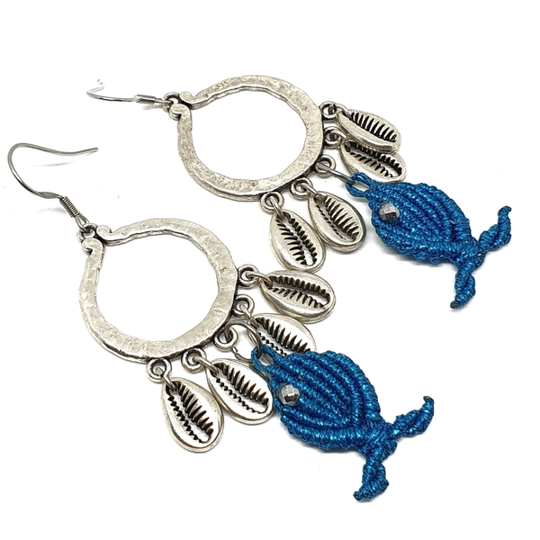 Σκουλαρίκια μακραμέ με μπλε ψαράκια - κοχύλι, μακραμέ, boho, κρεμαστά - 4