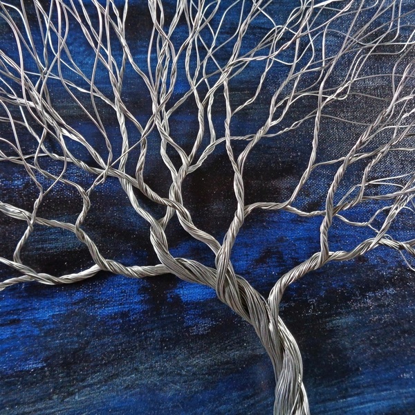 Μεγάλο Συρμάτινο Γλυπτό Δέντρο σε καμβά σε Μπλε Χρώμα 56x43 cm - πίνακες & κάδρα - 2