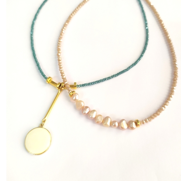 Glam teal necklace - επιχρυσωμένα, σμάλτος, κοντά, μπρούντζος, πέρλες - 4