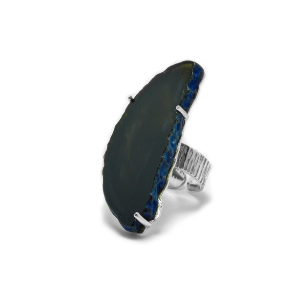 " Dark blue dragon lace ring" - Χειροποίητο δαχτυλίδι με έναν υπέροχο σκούρο μπλε Δαντελωτό Αχάτη! - ημιπολύτιμες πέτρες, αχάτης, επάργυρα, boho, αυξομειούμενα, φθηνά