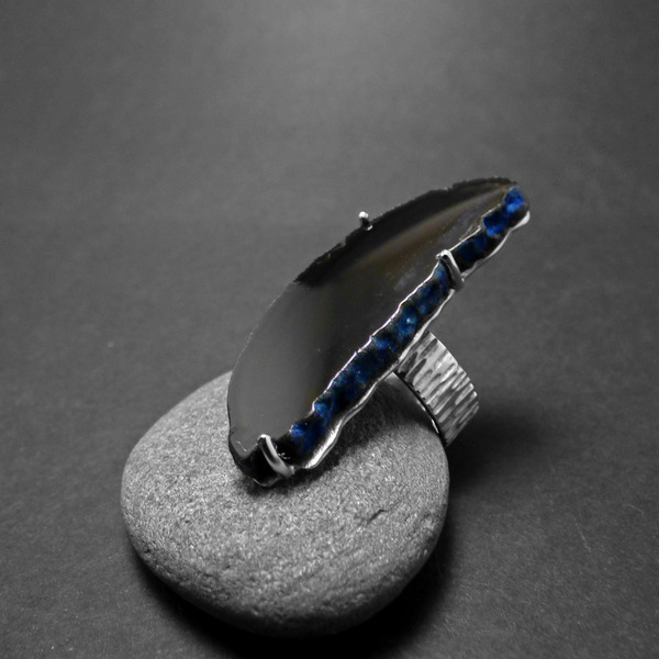 " Dark blue dragon lace ring" - Χειροποίητο δαχτυλίδι με έναν υπέροχο σκούρο μπλε Δαντελωτό Αχάτη! - ημιπολύτιμες πέτρες, αχάτης, επάργυρα, boho, αυξομειούμενα, φθηνά - 2