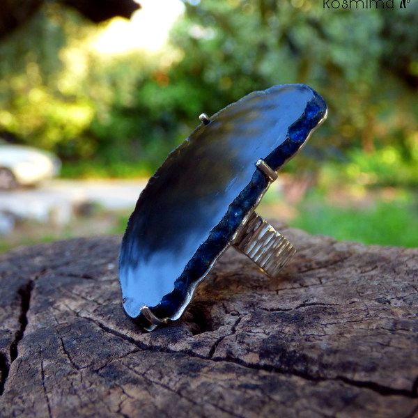 " Dark blue dragon lace ring" - Χειροποίητο δαχτυλίδι με έναν υπέροχο σκούρο μπλε Δαντελωτό Αχάτη! - ημιπολύτιμες πέτρες, αχάτης, επάργυρα, boho, αυξομειούμενα, φθηνά - 4