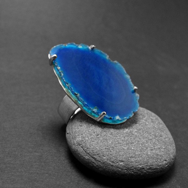 "Blue light lace riΙΙng" - Χειροποίητο δαχτυλίδι με έναν υπέροχο Γαλάζιο Δαντελωτό Αχάτη! - ημιπολύτιμες πέτρες, αχάτης, επάργυρα, boho, αυξομειούμενα, φθηνά - 2