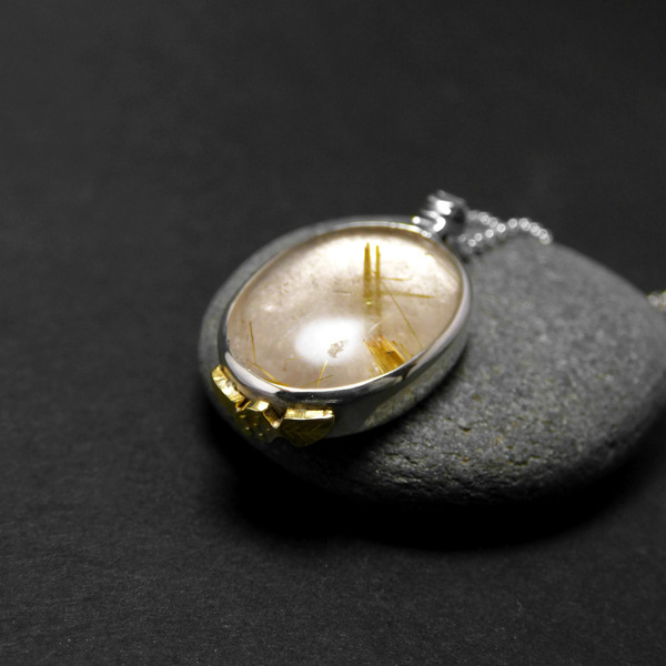 "Silver gold Rutile" - Χειροποίητο μενταγιόν από ασήμι 925 και Χαλαζία με χρυσό Ρουτίλιο!ξ - ασήμι, ημιπολύτιμες πέτρες, κρύσταλλα, κοντά - 2