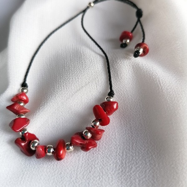 Adjustable bracelet with silver plated beads and bamboo coral stones - επάργυρα, boho, αυξομειούμενα - 2