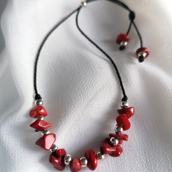 Adjustable bracelet with silver plated beads and bamboo coral stones - επάργυρα, boho, αυξομειούμενα - 3