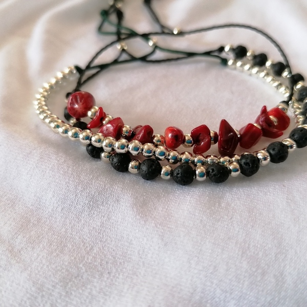 Adjustable bracelet with silver plated beads and bamboo coral stones - επάργυρα, boho, αυξομειούμενα - 4