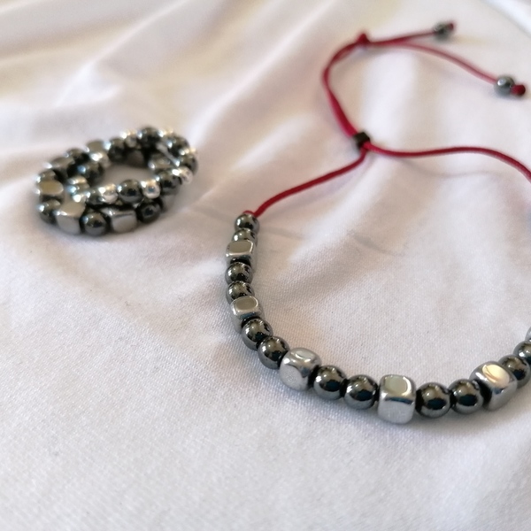 Adjustable bracelet with round and square hematite stones - αιματίτης, χάντρες, rock, αυξομειούμενα - 2
