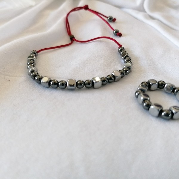 Adjustable bracelet with round and square hematite stones - αιματίτης, χάντρες, rock, αυξομειούμενα - 3