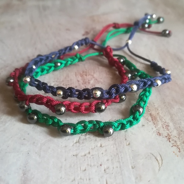 Adjustable crochet bracelet with silver plated beads or hematite stones - βελονάκι, κορδόνια, χάντρες, αυξομειούμενα - 3