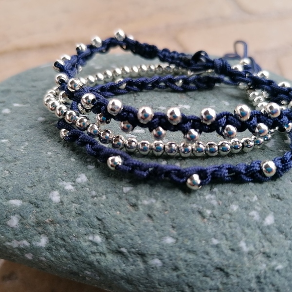 Adjustable crochet bracelet with silver plated beads or hematite stones - βελονάκι, κορδόνια, χάντρες, αυξομειούμενα - 4