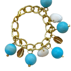 Chain seashell bracelet με τιρκουαζ πέτρες - charms, τιρκουάζ, κοχύλι, χάντρες, σταθερά