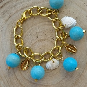 Chain seashell bracelet με τιρκουαζ πέτρες - charms, τιρκουάζ, κοχύλι, χάντρες, σταθερά - 2
