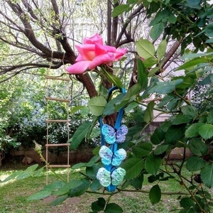Κορδέλα λάστιχο με τρεις πλεκτές πεταλούδες (γαλάζιο, μπλε, τυρκουάζ) - κορίτσι, πεταλούδα, για παιδιά, αξεσουάρ μαλλιών - 3
