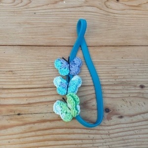 Κορδέλα λάστιχο με τρεις πλεκτές πεταλούδες (γαλάζιο, μπλε, τυρκουάζ) - κορίτσι, πεταλούδα, για παιδιά, αξεσουάρ μαλλιών - 4