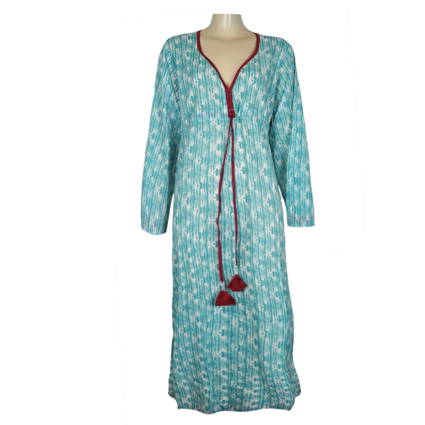 Φόρεμα maxi με γαλάζια σχέδια και ζωνάκι - βαμβάκι, με φούντες