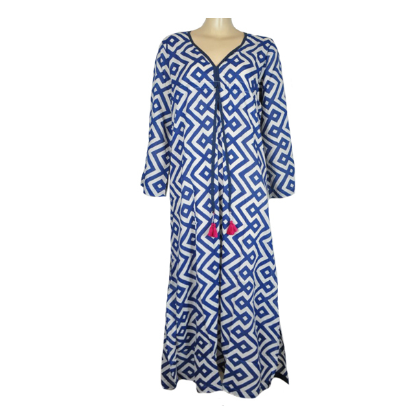 Φόρεμα maxi με μπλε σχέδια και ζωνάκι - βαμβάκι, με φούντες