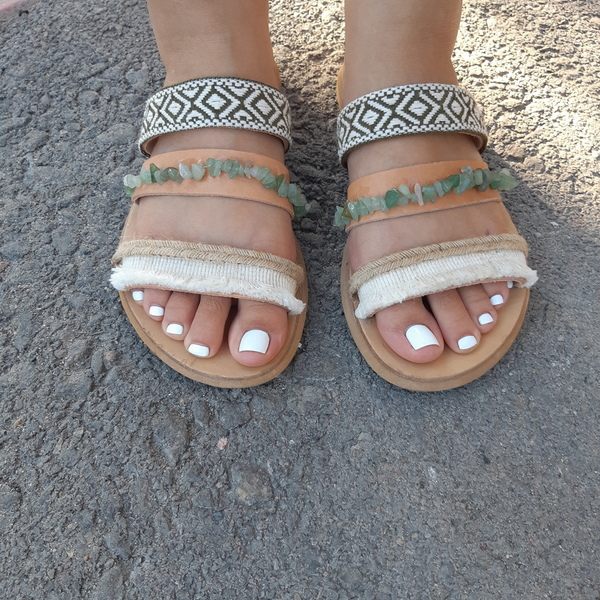 "Boho handmade sandals" - δέρμα, πέτρες, boho, φλατ - 3