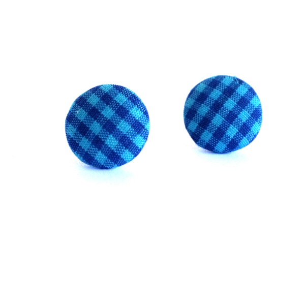 Υφασμάτινα Σκουλαρίκια Κουμπιά Μπλε-Καρώ - βαμβάκι, επάργυρα, καρφωτά, μικρά, καρό, φθηνά
