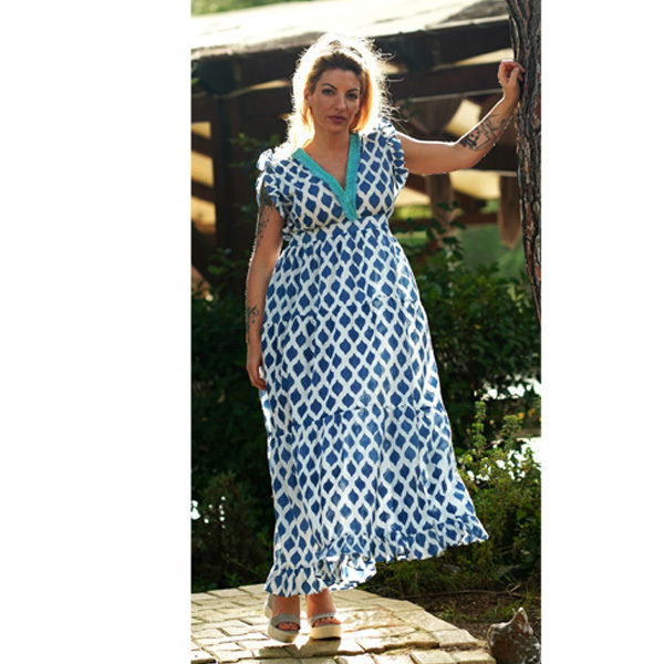 Φόρεμα maxi αμπίρ άσπρο-μπλε - βαμβάκι, χειροποίητα - 2