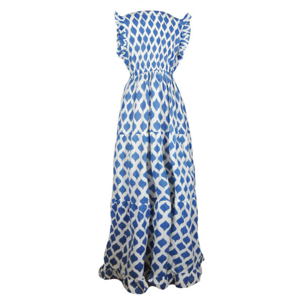 Φόρεμα maxi αμπίρ άσπρο-μπλε - βαμβάκι, χειροποίητα - 4
