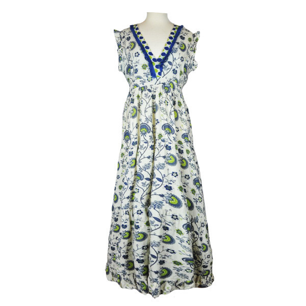 Φόρεμα maxi αμπίρ με πράσινα-μπλε λουλούδια - βαμβάκι, φλοράλ