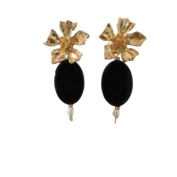 Black Agate Earrings - επιχρυσωμένα, πέτρες, λουλούδι, καρφωτά, ατσάλι, πέρλες
