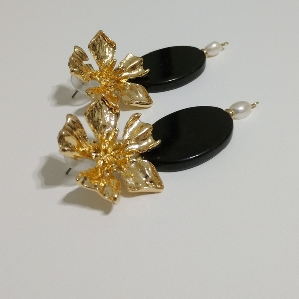 Black Agate Earrings - επιχρυσωμένα, πέτρες, λουλούδι, καρφωτά, ατσάλι, πέρλες - 2