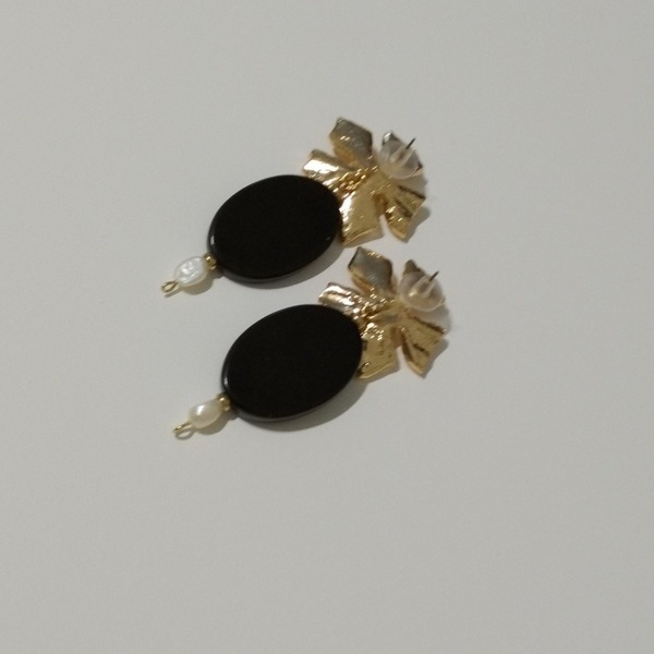 Black Agate Earrings - επιχρυσωμένα, πέτρες, λουλούδι, καρφωτά, ατσάλι, πέρλες - 3