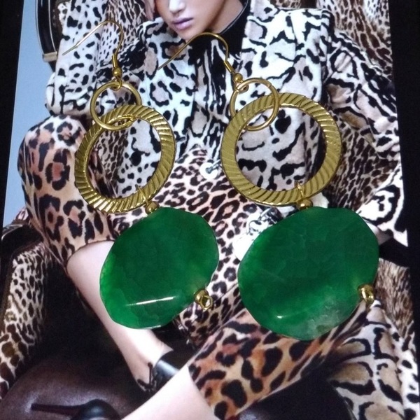 Emerald & Gold Earrings - πέτρες, μακριά, κρεμαστά - 4