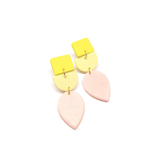 Χειροποίητα σκουλαρίκια σε ροζ και κίτρινο παστέλ | Pink Lemon - πηλός, μακριά, boho, κρεμαστά, πολυέλαιοι