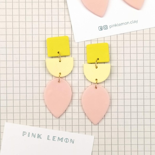 Χειροποίητα σκουλαρίκια σε ροζ και κίτρινο παστέλ | Pink Lemon - πηλός, μακριά, boho, κρεμαστά, πολυέλαιοι - 2