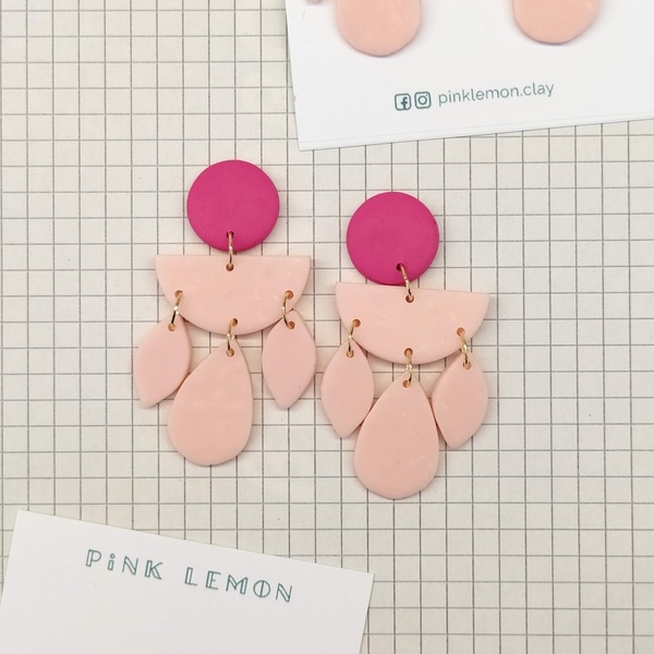 Ρομαντικά χειροποίητα σκουλαρίκια σε ροζ παστέλ | Pink Lemon - πηλός, μακριά, κρεμαστά, πολυέλαιοι - 2