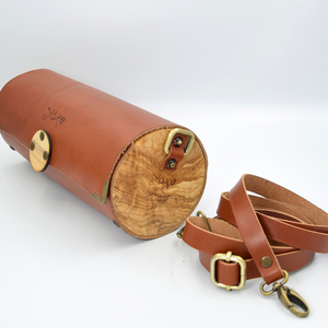 Δερμάτινη καφέ ταμπά τσάντα βαρελάκι με ξύλο ελιάς - δέρμα, ξύλο, clutch, μικρές