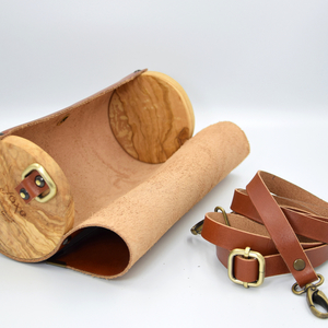 Δερμάτινη καφέ ταμπά τσάντα βαρελάκι με ξύλο ελιάς - δέρμα, ξύλο, clutch, μικρές - 2