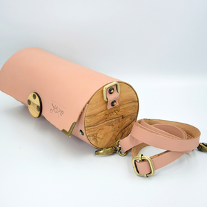 Δερμάτινη ροζ τσάντα βαρελάκι με ξύλο ελιάς - δέρμα, ξύλο, ώμου, μικρές