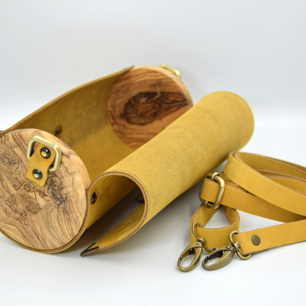 Δερμάτινη κίτρινη τσάντα βαρελάκι με ξύλο ελιάς - δέρμα, ξύλο, clutch, μικρές - 2