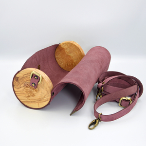 Δερμάτινη μωβ τσάντα βαρελάκι με ξύλο ελιάς - δέρμα, ξύλο, ώμου, μικρές - 2