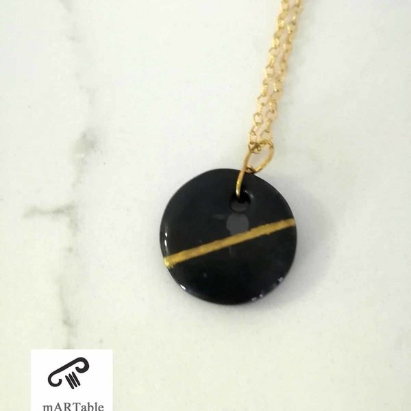 B L A C K circle stone necklace for women-Χειροποίητο Κρεμαστό από φυσικό πέτρωμα! - ασήμι, επιχρυσωμένα, χειροποίητα - 2