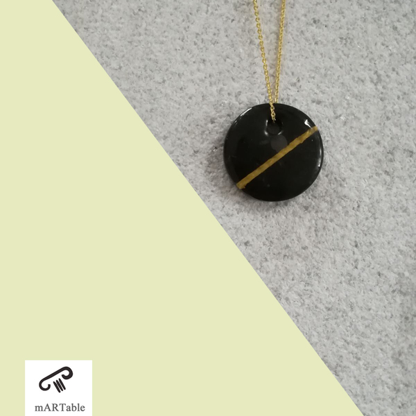B L A C K circle stone necklace for women-Χειροποίητο Κρεμαστό από φυσικό πέτρωμα! - ασήμι, επιχρυσωμένα, χειροποίητα - 3