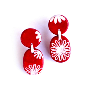 Σκουλαρίκια Κεραμικά, Κόκκινα - ζωγραφισμένα στο χέρι, πηλός, χειροποίητα, μικρά, κρεμαστά - 2